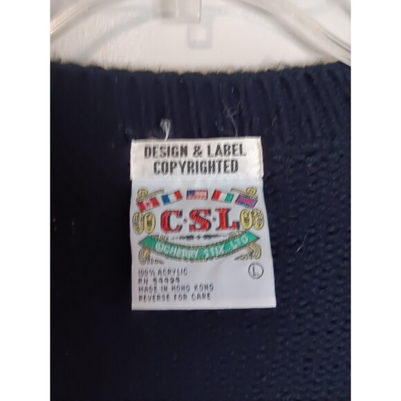 Vintage C.S.L. Cardigan Sweater Women's Sz Large Stripe Nautical Black / White - Picture 2 of 5